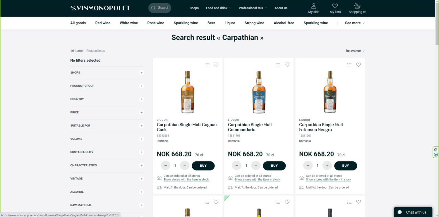 Patru dintre expresiile Carpathian Single Malt Whisky sunt disponibile pentru vânzare online în Norvegia